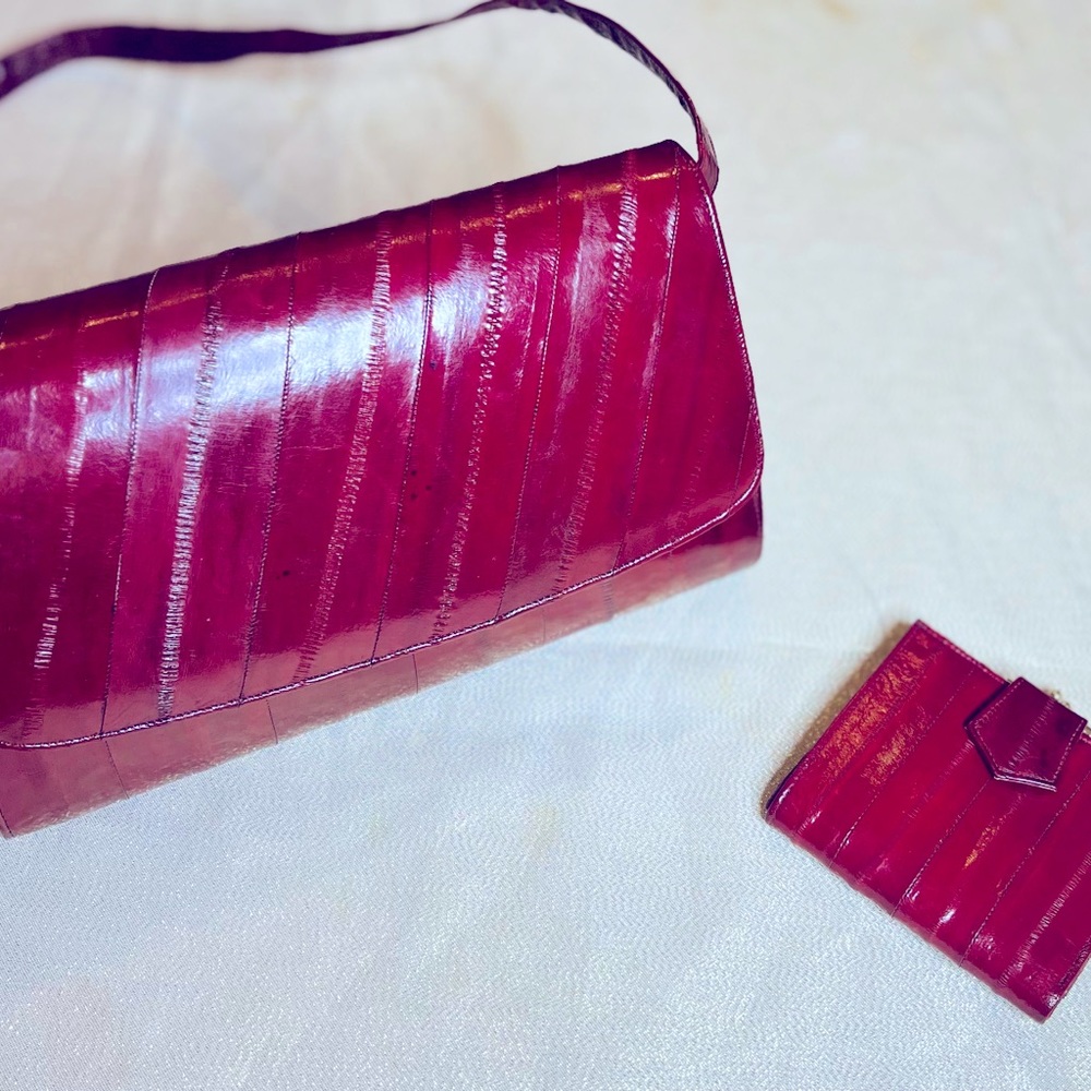 70s Vintage Cherry Red Eel Skin Clutch Handbag w/ Wallet